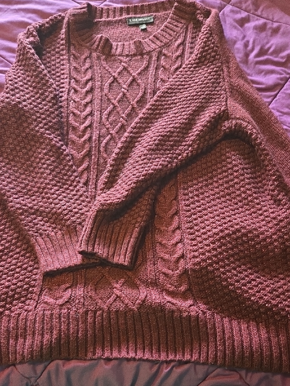 Lane Bryant Burgunty Cable-Knit Crewneck Sweater